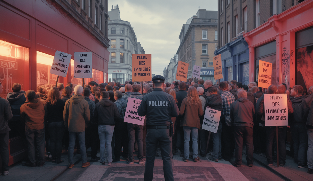 Scène d'émeutes à Ballymena exposant les tensions sociales sous-jacentes.
