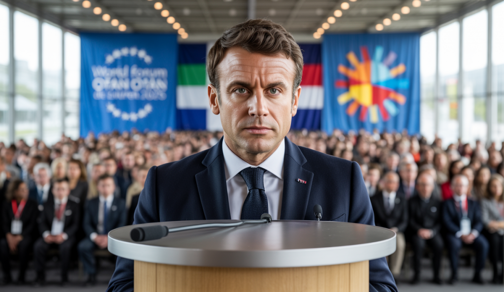 Emmanuel Macron au sommet de l'OTAN à La Haye, debout au pupitre lors d'une allocution officielle, entouré de drapeaux de l'OTAN et du pays hôte, avec une salle de conférence moderne en arrière-plan.