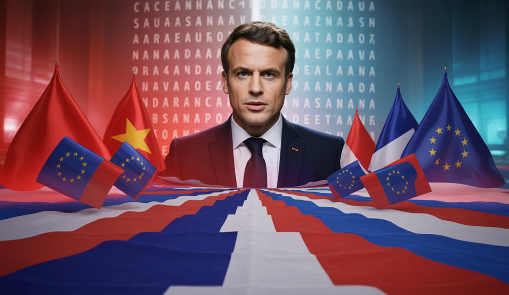 Emmanuel Macron s'exprimant devant des drapeaux du Vietnam et de l'Union européenne lors de sa visite officielle.