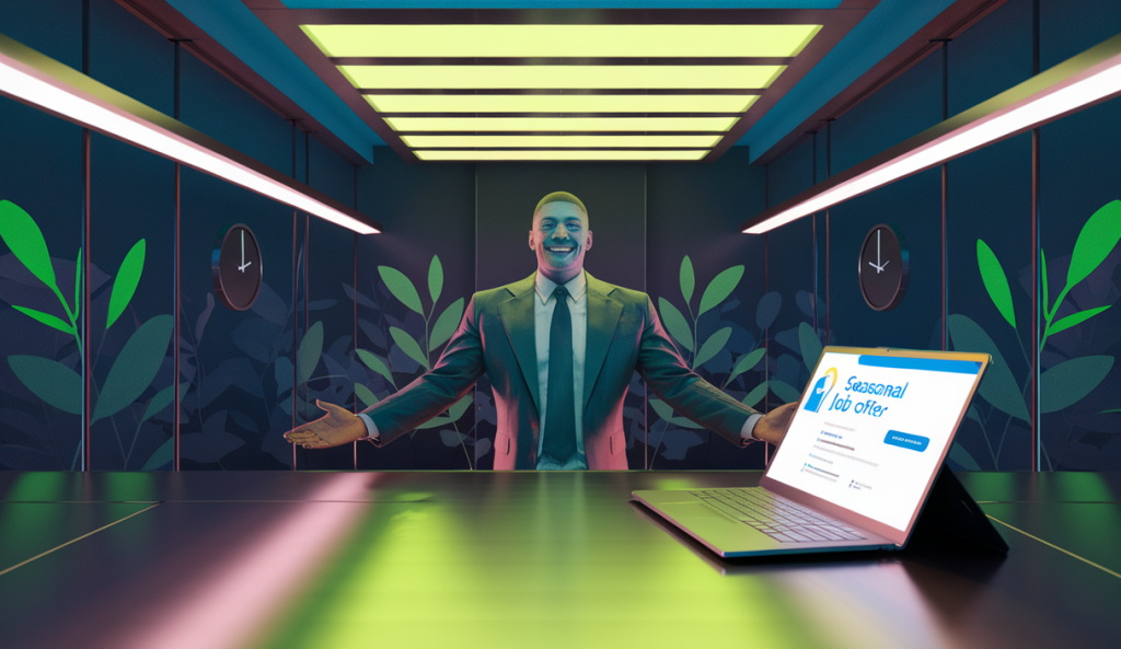 Illustration stylisée d'un chercheur d'emploi réussissant dans un emploi saisonnier bien rémunéré