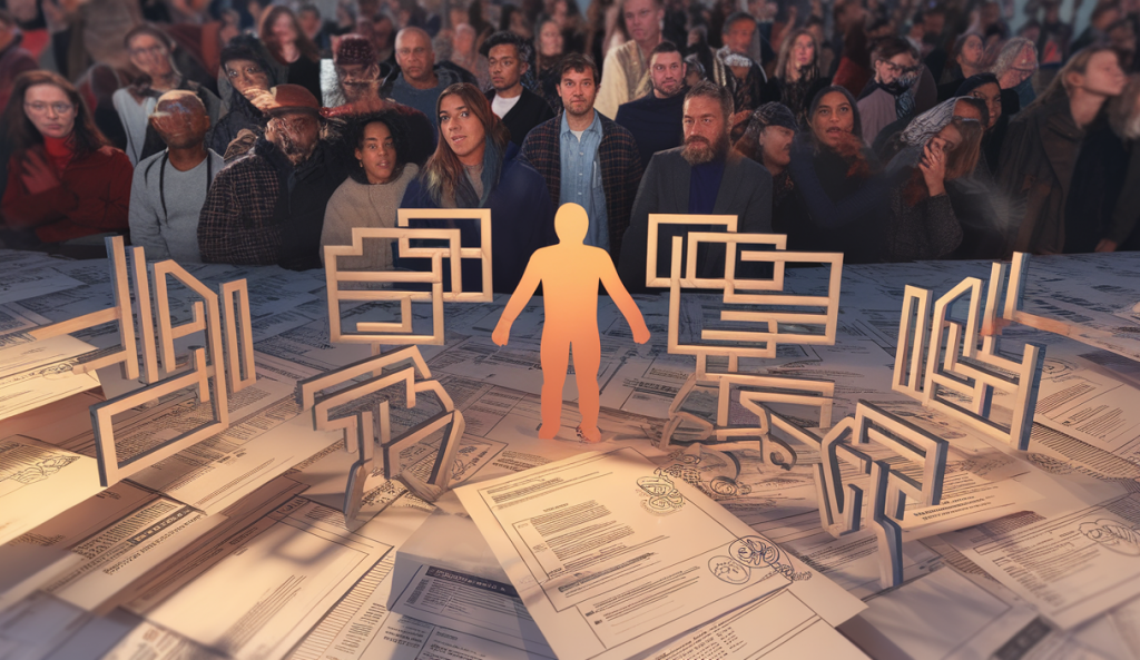 Une illustration captivante des enjeux de la politique migratoire aux États-Unis avec des éléments représentant des erreurs administratives et des réactions sociales.