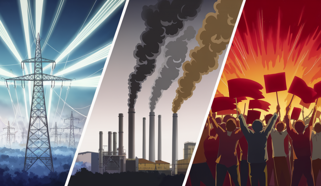 Illustration symbolique des enjeux économiques en France : électricité, pollution industrielle et grèves