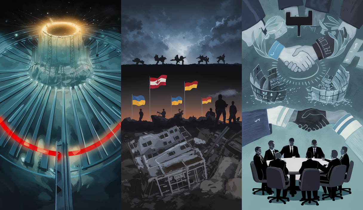 Illustration des principaux enjeux géopolitiques mondiaux en 2025, incluant le nucléaire iranien, le conflit en Ukraine et les dynamiques des relations internationales