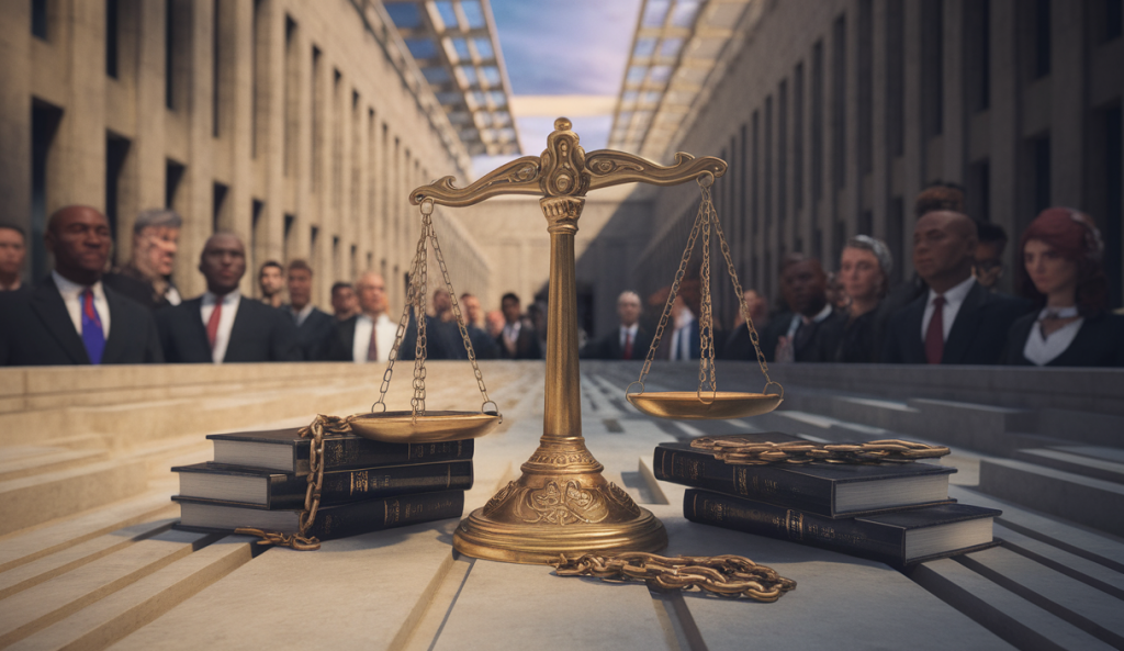 Illustration symbolique des enjeux politiques et judiciaires actuels