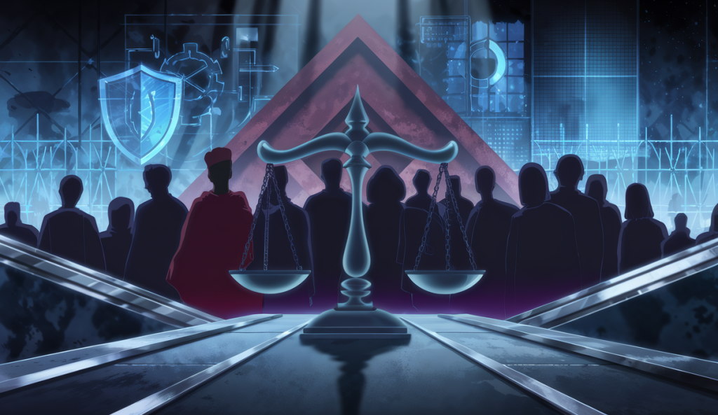 Illustration symbolique des enjeux contemporains de sécurité, justice et immigration