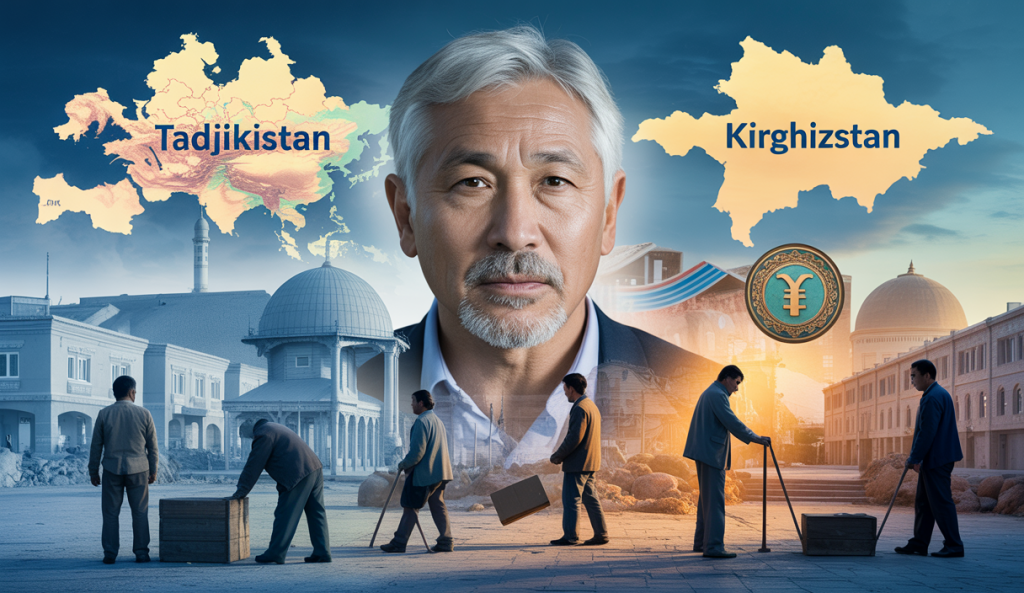 Représentation graphique montrant l'importance des envois de fonds des migrants dans les économies du Tadjikistan et du Kirghizstan avec des symboles monétaires et des silhouettes de migrants