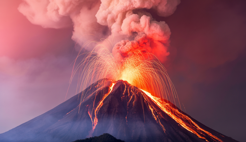 Éruption spectaculaire du volcan El Fuego au Guatemala, avec des fumées intenses et éclatantes.