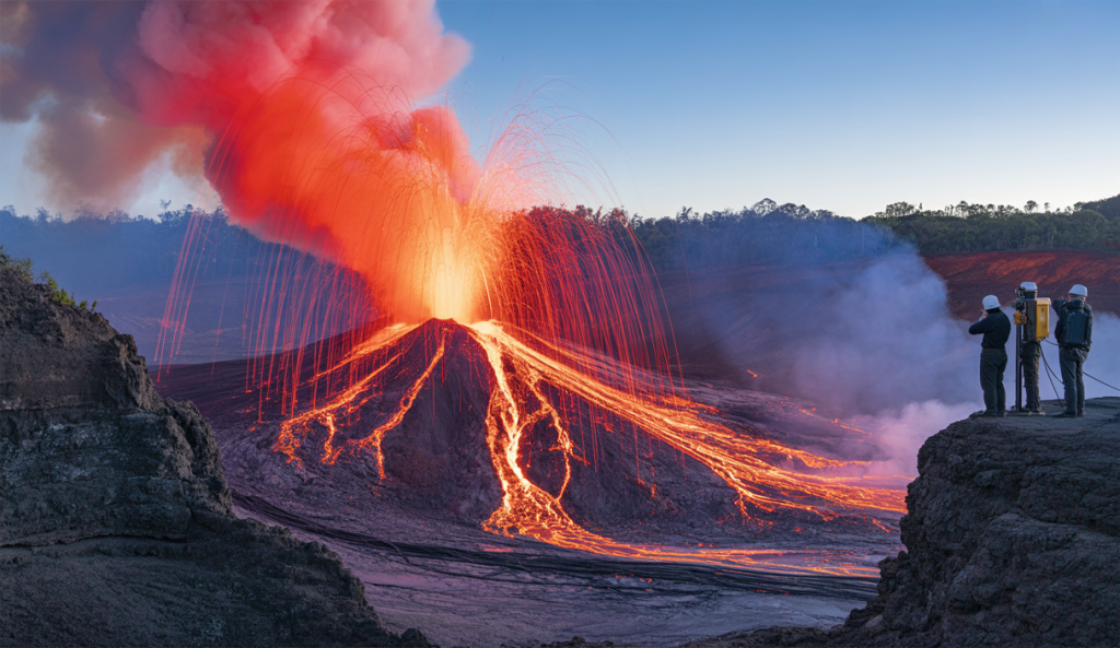 Éruption spectaculaire du volcan Kīlauea à Hawaii avec des fontaines de lave atteignant 300 mètres de hauteur, sous un ciel clair au-dessus du cratère Halemaʻumaʻu, attirant l’attention des scientifiques et du public