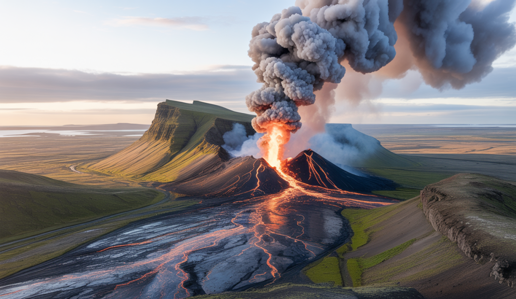 La péninsule de Reykjanes en Islande face à une nouvelle éruption volcanique, colonne de fumée et coulée de lave, habitants et touristes évacués, paysage minéral nordique, ciel dramatique, ambiance de tension