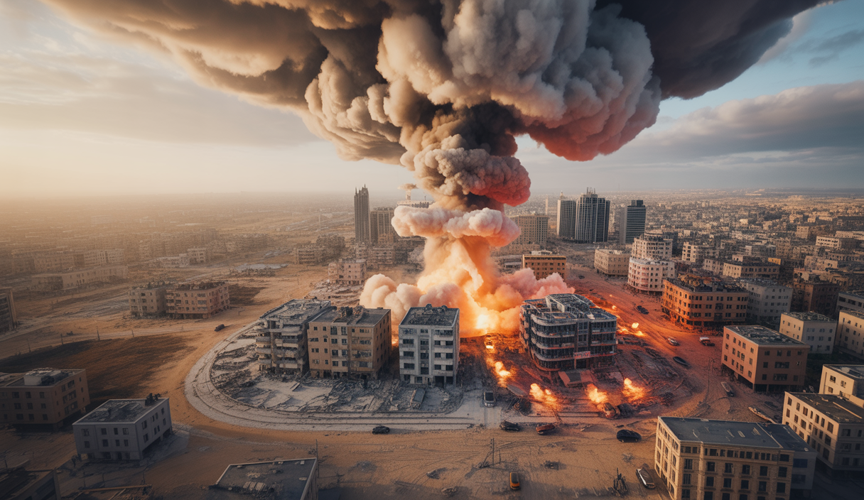 Illustration de l'escalade des frappes israéliennes sur Gaza avec impact émotionnel intense