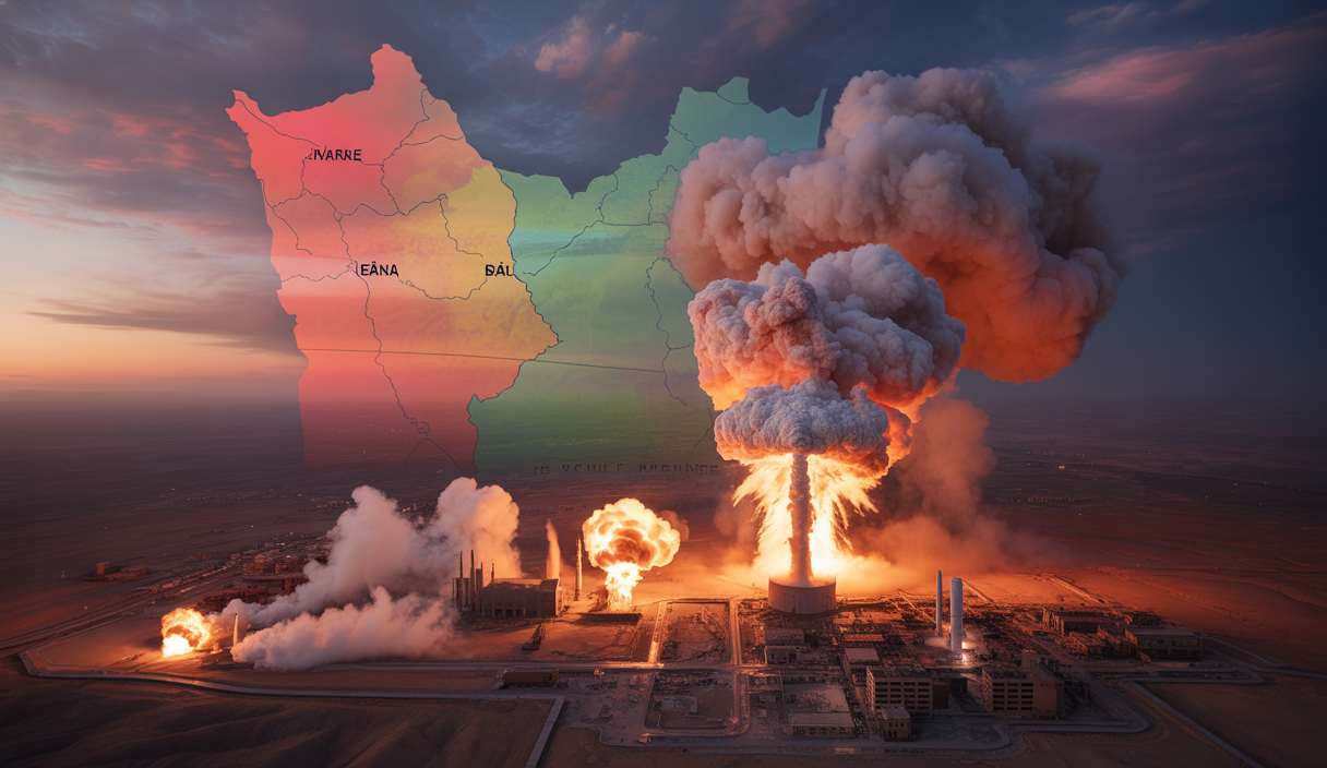 Vue dramatique montrant des explosions sur des sites nucléaires iraniens avec des panaches de fumée, et une carte stylisée de la région du Moyen-Orient illustrant la zone de conflit incluant Gaza et Israël sous tension.