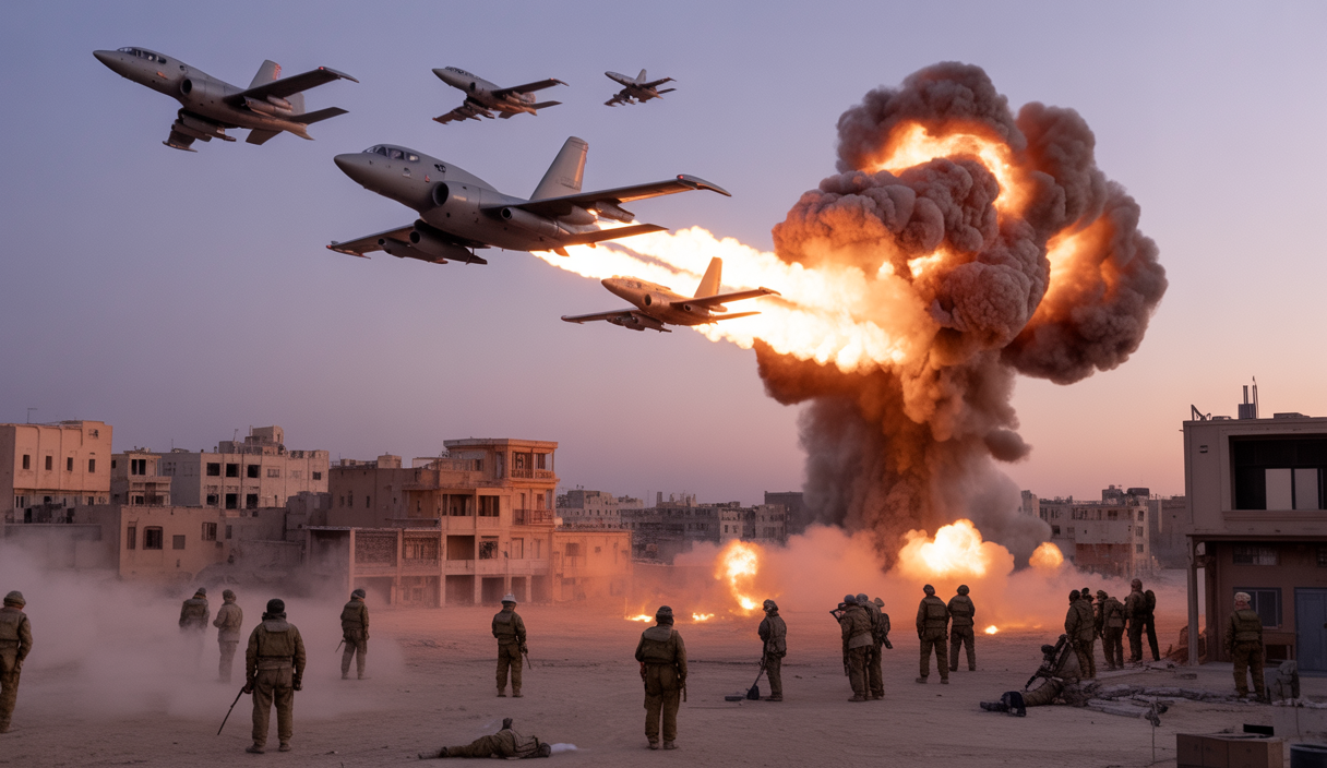 Carte illustrant une escalade militaire majeure entre Iran et Israël avec frappes aériennes et intervention américaine, ambiance sombre et tendue au Moyen-Orient