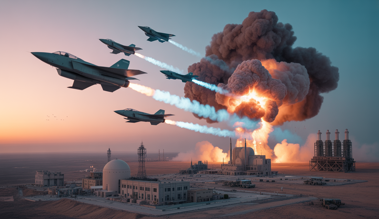 Vue dramatique d'un conflit militaire intense entre Israël et l'Iran avec des frappes aériennes et des explosions au Moyen-Orient, soulignant l'escalade et les efforts diplomatiques internationaux