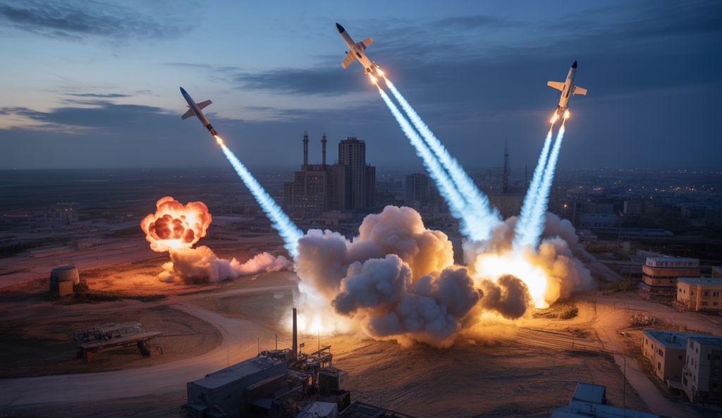 Vue aérienne dramatique montrant des frappes militaires intensives entre Israël et l'Iran avec missiles en vol et explosions nocturnes, symbolisant l'escalade militaire au Moyen-Orient en 2025