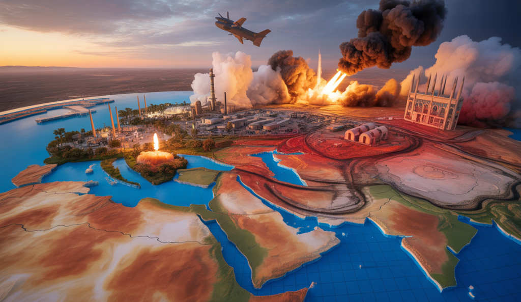 Carte stylisée du Moyen-Orient en 2025 montrant Israël, l'Iran et les États-Unis avec des icônes de frappes militaires, missiles et symboles diplomatiques