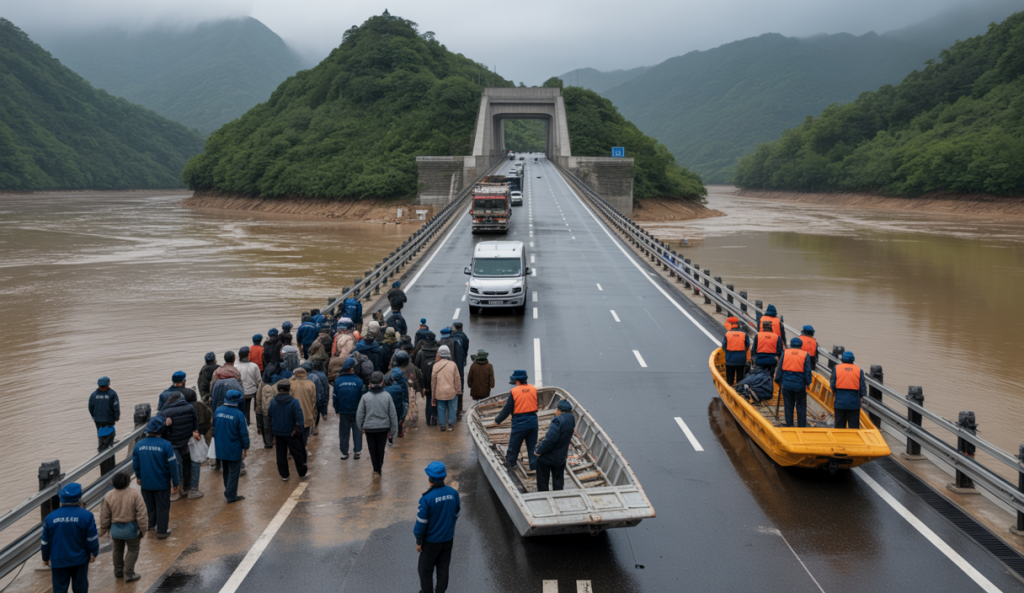 Plus de 80 000 personnes évacuées en Guizhou, Chine, à cause d’inondations massives avec un pont effondré et des secours en bateaux dans des rues submergées