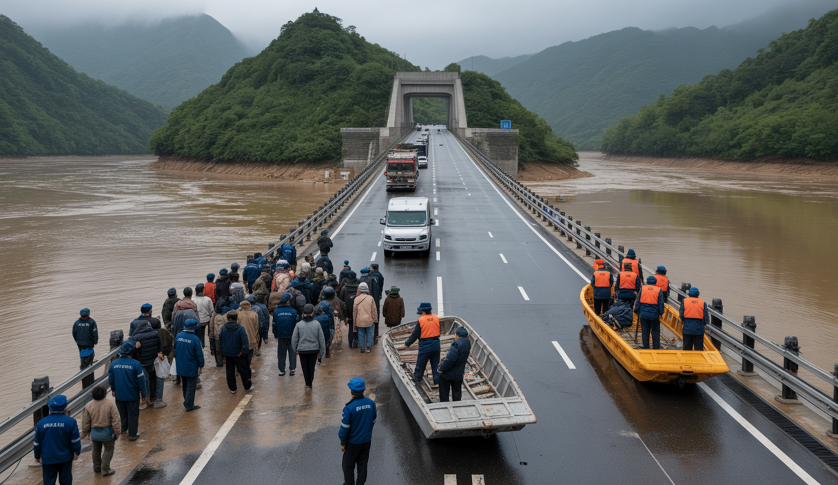 Plus de 80 000 personnes évacuées en Guizhou, Chine, à cause d’inondations massives avec un pont effondré et des secours en bateaux dans des rues submergées