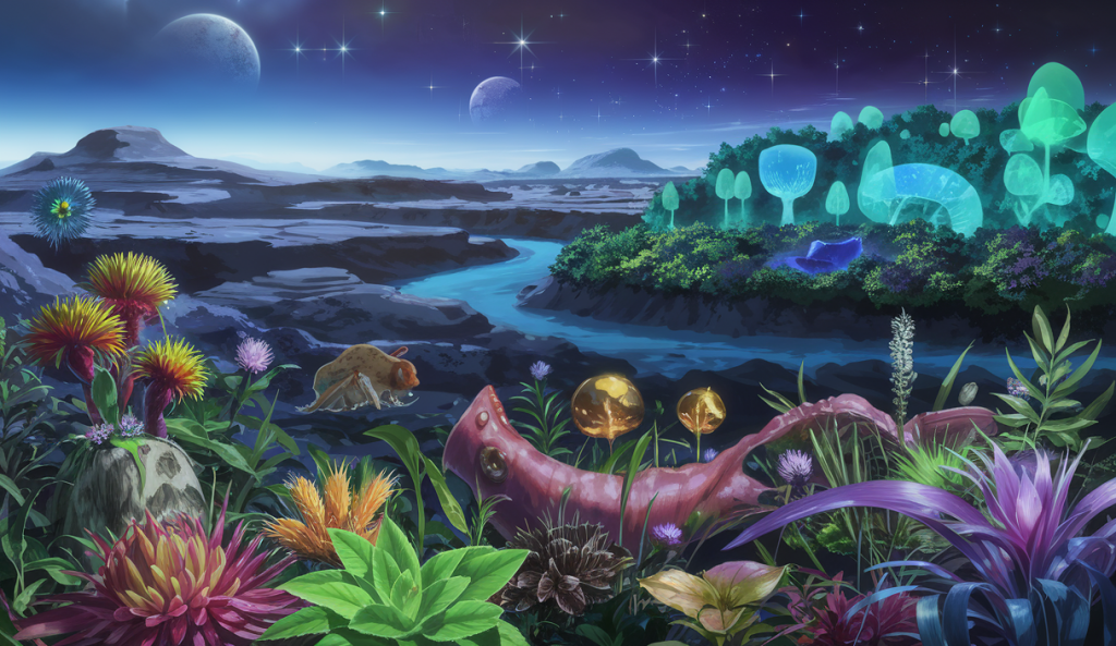 Vue imaginative d'une exoplanète luxuriante riche en biodiversité