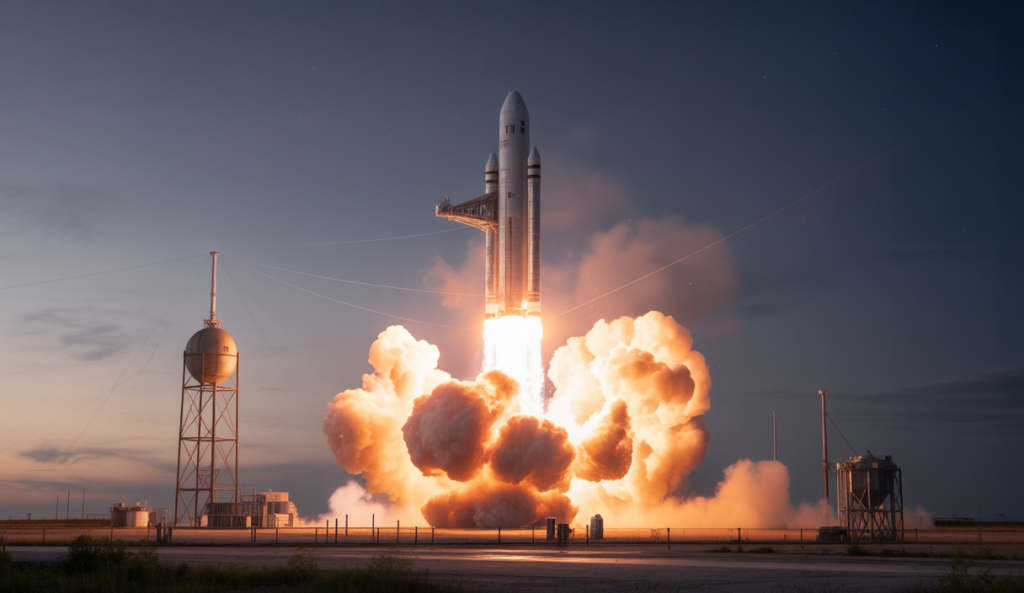 Explosion spectaculaire du Starship 36 de SpaceX lors d'un test statique au site Starbase, Texas, avec une immense boule de feu et des flammes illuminant le ciel nocturne