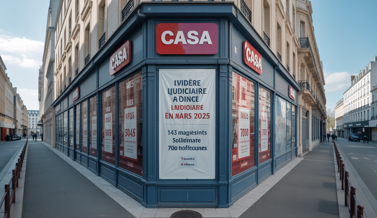 Façade d'un magasin Casa fermé, avec des affiches annonçant la liquidation judiciaire, devanture vide et absence de clients, soulignant la crise économique locale et l'interrogation sur la responsabilité des collectivités