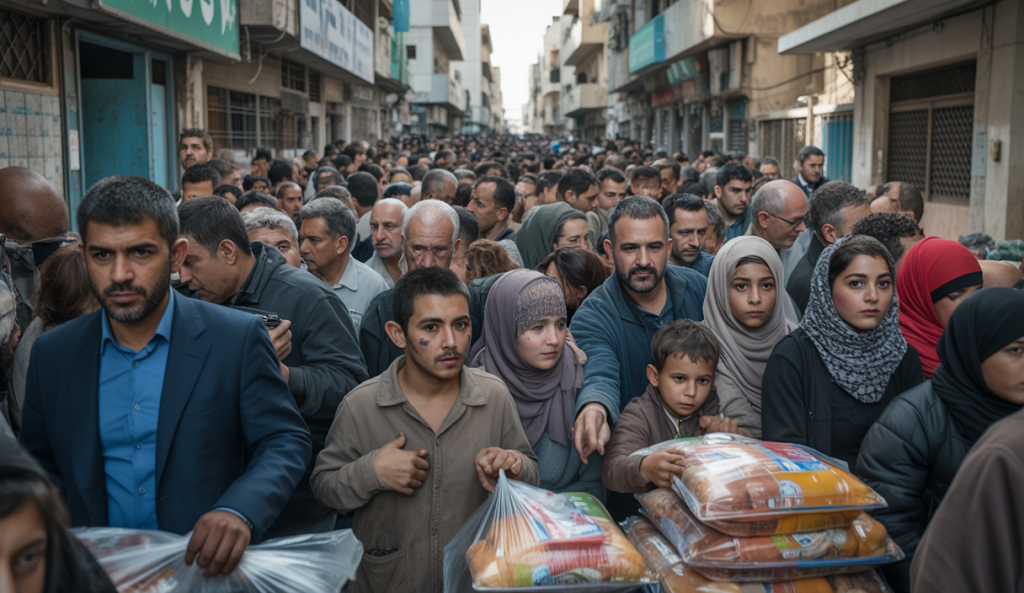 Vue aérienne d'une zone urbaine de Gaza avec une population en grande détresse, aidés par des travailleurs humanitaires sous un ciel sombre et lourd, symbolisant une famine déclarée par l'ONU touchant plus de 500 000 personnes.