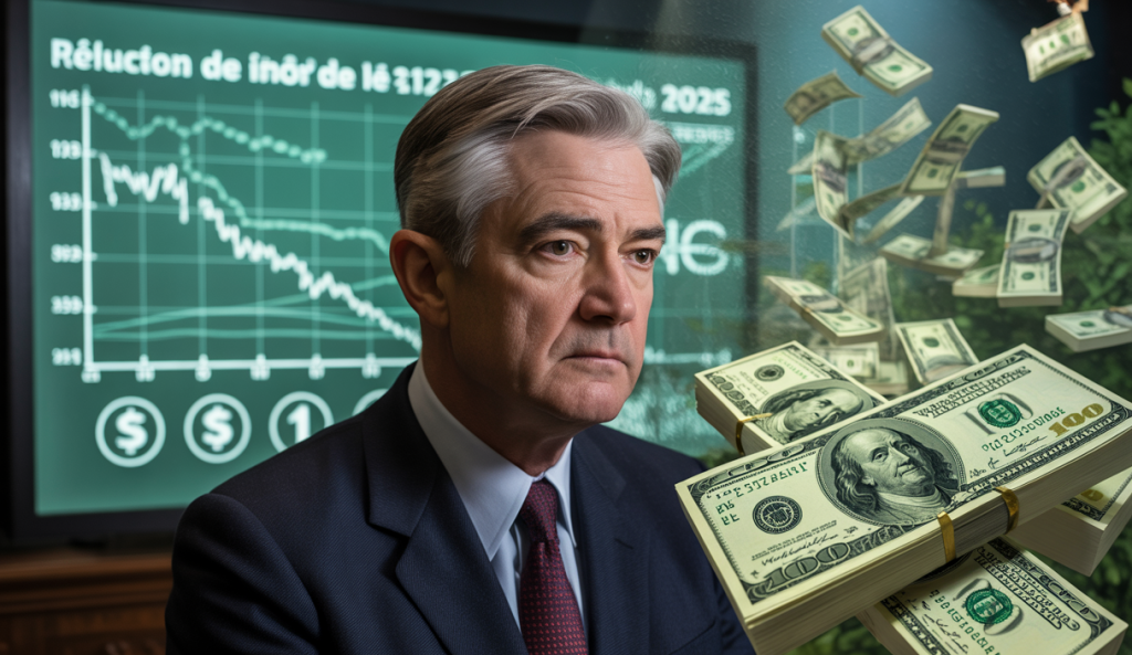 Illustration symbolique de la Réserve fédérale américaine envisageant une baisse des taux d'intérêt en juillet avec un graphique financier et un billet de dollar en arrière-plan
