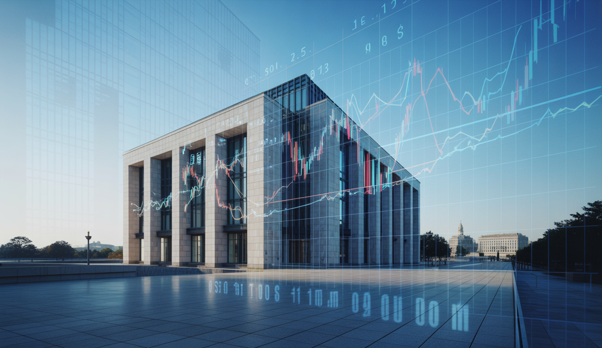 Façade moderne du siège de la Réserve fédérale américaine à Washington, avec un graphique boursier transparent illustrant la pression politique pour une baisse des taux en juillet 2025