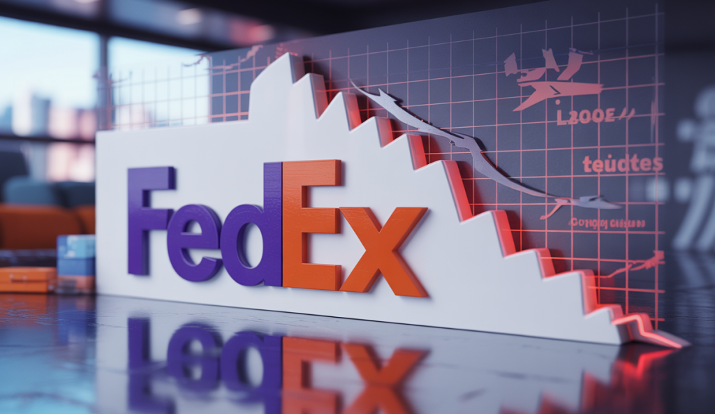 Logo FedEx sur fond blanc avec chute graphique illustrant la baisse des bénéfices trimestriels due aux tensions géopolitiques mondiales affectant la logistique et l'économie.