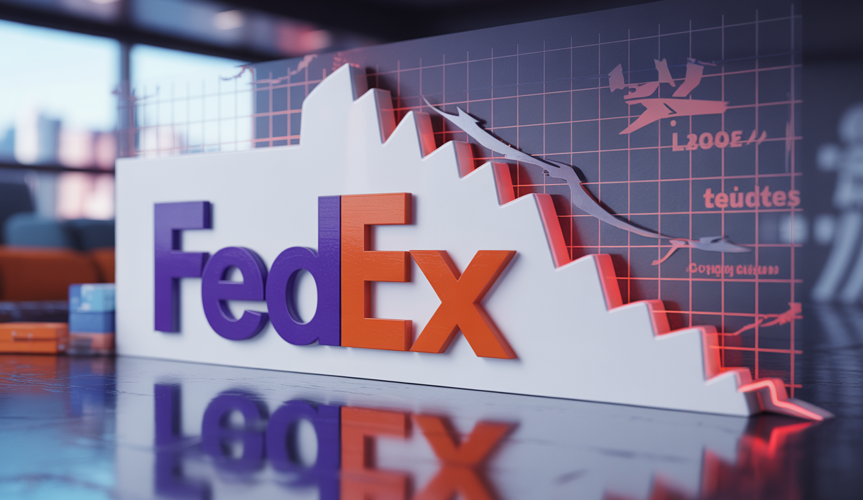 Logo FedEx sur fond blanc avec chute graphique illustrant la baisse des bénéfices trimestriels due aux tensions géopolitiques mondiales affectant la logistique et l'économie.