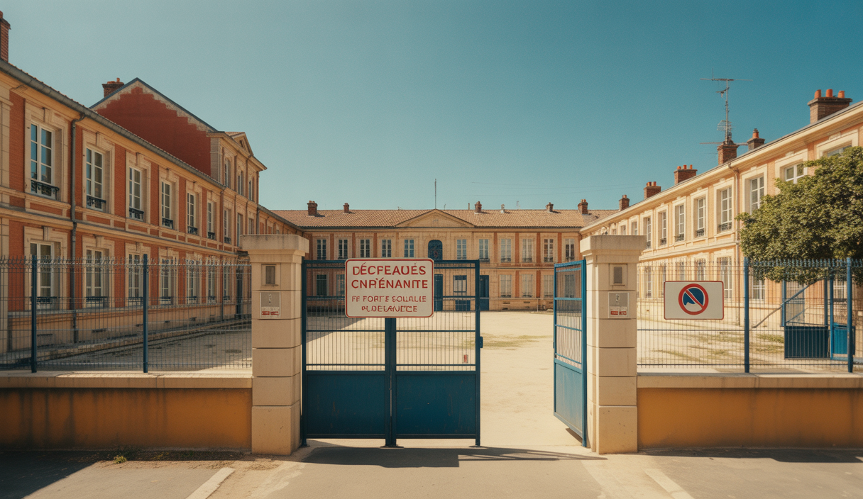 École fermée en France durant la canicule avec panneaux d'information, classes vides et ciel lumineux d'été