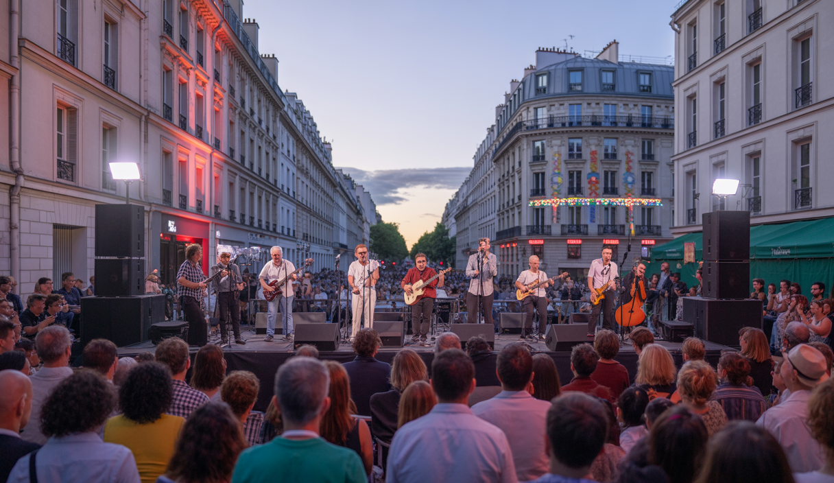 Scène en plein air à Paris avec des musiciens internationaux jouant devant une foule diverse lors de la Fête de la Musique 2025, sous un ciel clair du soir d'été.