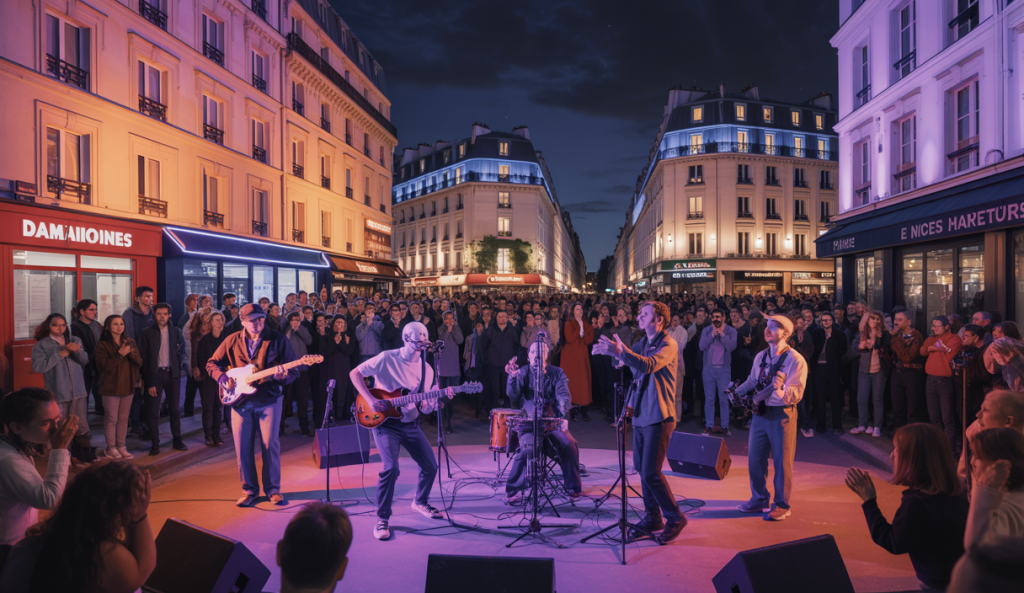 Scène nocturne animée à Paris lors de la Fête de la Musique 2025 rendant hommage aux travailleurs de nuit, avec musiciens et foule vibrante sous un éclairage urbain chaleureux