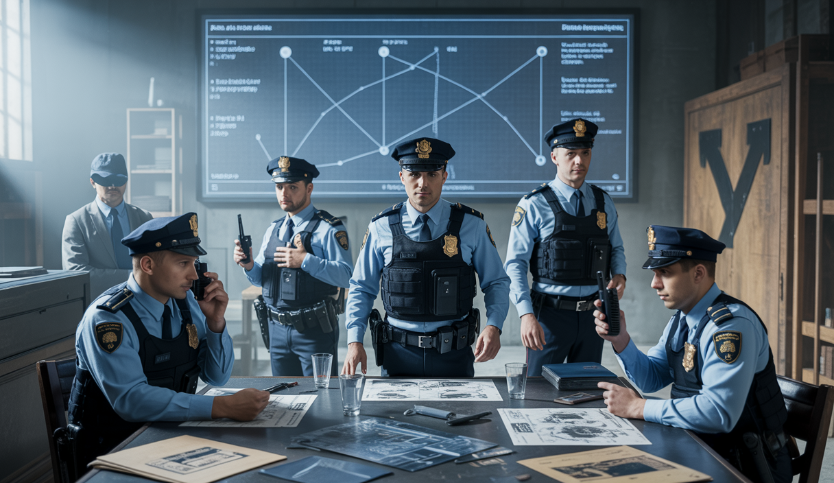 Illustration détaillée des forces de l'ordre démantelant un réseau criminel