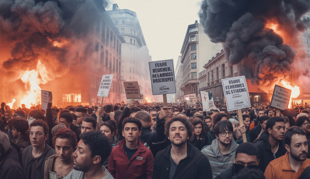 Image symbolique représentant les émeutes mondiales et les fractures sociales avec une atmosphère intense.