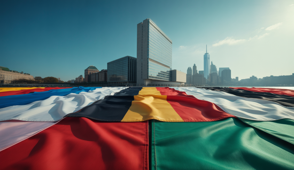 Les drapeaux de la France, de la Belgique et de la Palestine flottant ensemble devant un bâtiment officiel moderne symbolisant la reconnaissance diplomatique.
