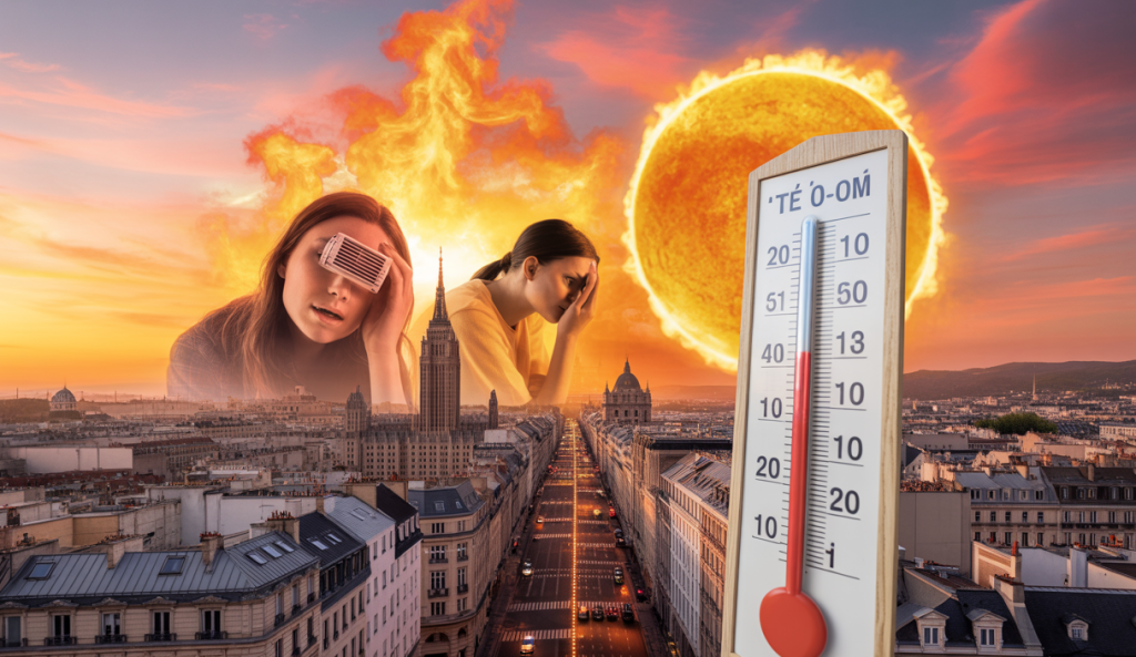 Une image représentant la France confrontée à des vagues de chaleur extrêmes, avec des éléments de défis de santé publique et d'entreprises.