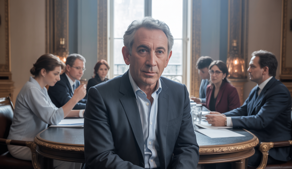 François Bayrou dans son bureau à Matignon en train de discuter avec des représentants des partenaires sociaux autour d'une table lors de nouvelles négociations sur la réforme des retraites