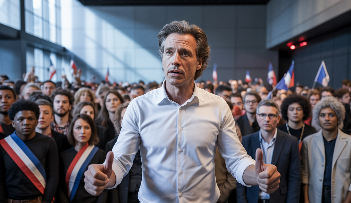 François Ruffin lors du lancement à Paris de son mouvement politique national Debout !, entouré de militants dans une salle du 13e arrondissement