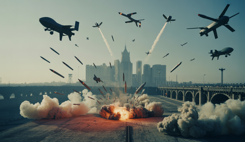 Image d'une attaque massive sur Kyiv avec des drones et missiles
