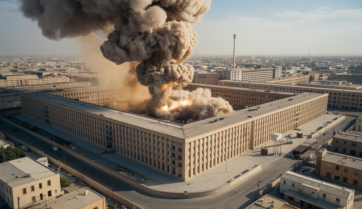 Vue aérienne dramatique de la prison d'Evin à Téhéran après une frappe aérienne israélienne, avec fumée et dégâts visibles, illustrant les risques pour les détenus et les tensions internationales