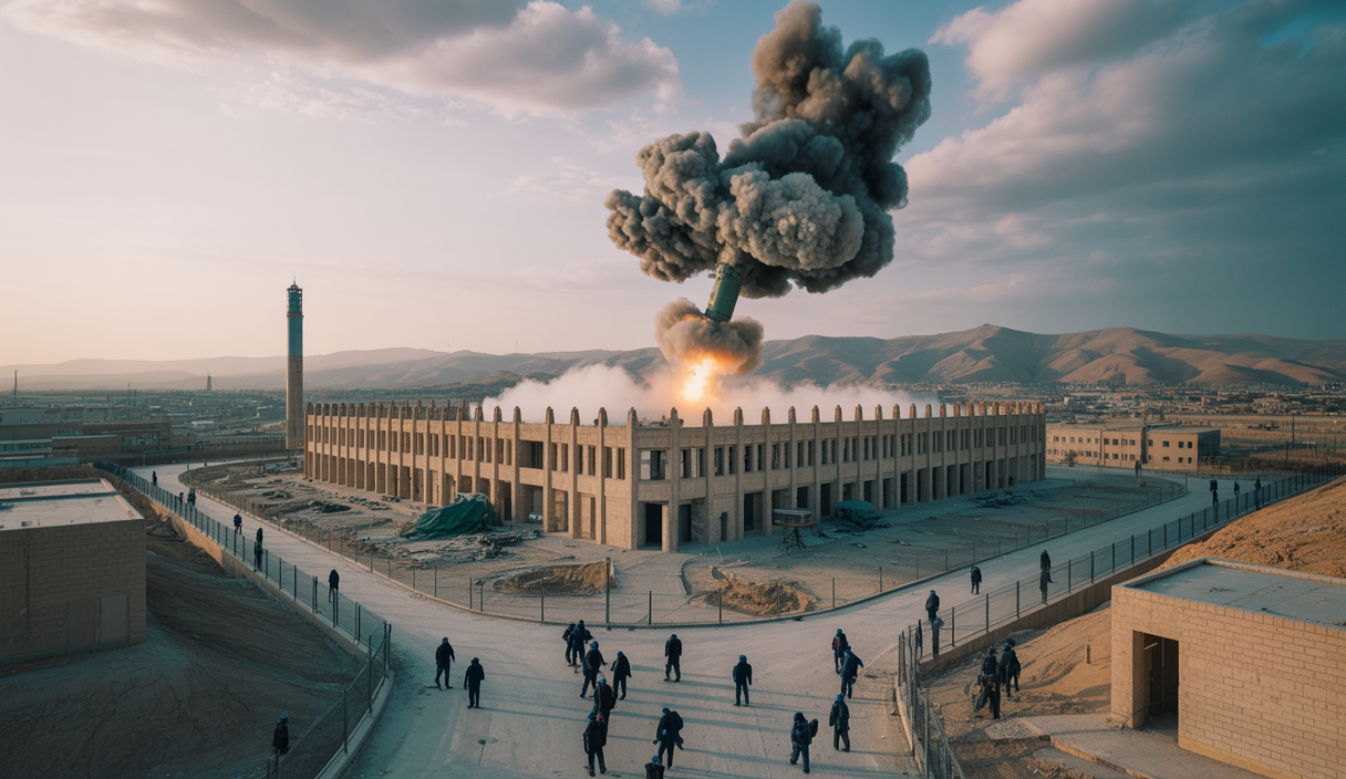 Vue aérienne dramatique de la prison d'Evin à Téhéran après une frappe israélienne, avec des murs détruits et des nuages de fumée sombre au crépuscule