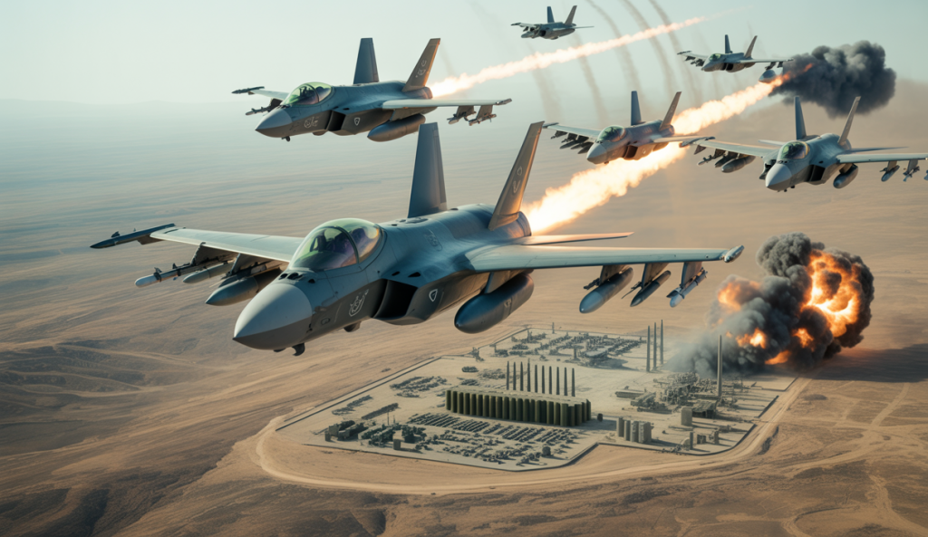 Avions de chasse israéliens en plein vol effectuant des frappes aériennes ciblées au-dessus d'infrastructures militaires iraniennes dans un ciel dramatique au Moyen-Orient