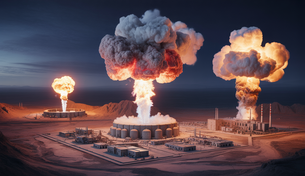 Vue aérienne dramatique des frappes américaines nocturnes sur les sites nucléaires iraniens de Fordo, Natanz et Ispahan avec explosions lumineuses et fumées épaisses, illustrant la crise intense entre Washington et Téhéran