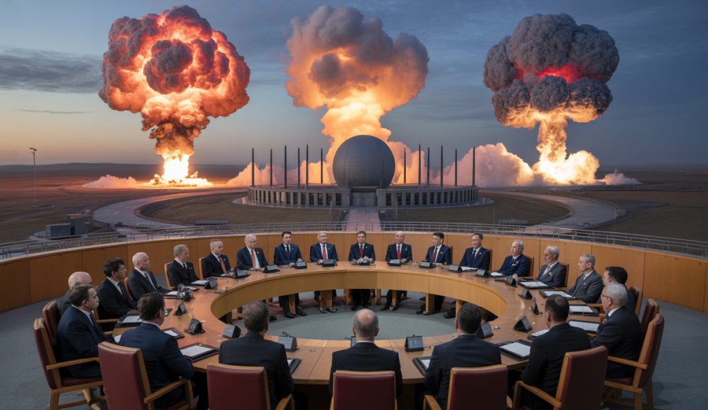 Vue aérienne dramatique de frappes aériennes américaines touchant trois sites nucléaires iraniens majeurs au Moyen-Orient avec arrière-plan du Conseil de sécurité de l’ONU en session d’urgence.