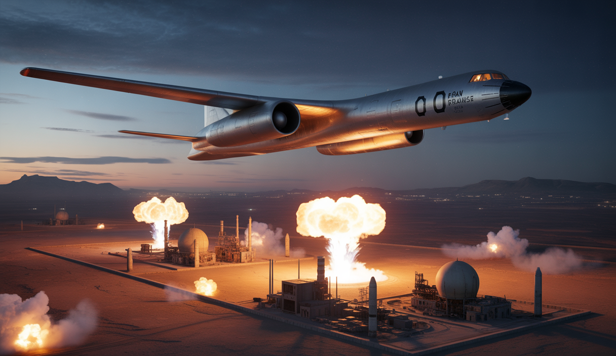 Vue aérienne nocturne dramatique montrant un bombardier américain B-2 en mission au-dessus de sites nucléaires iraniens ciblés, avec des explosions éclairant le sol, ciel sombre et ambiance de conflit intense au Moyen-Orient en juin 2025