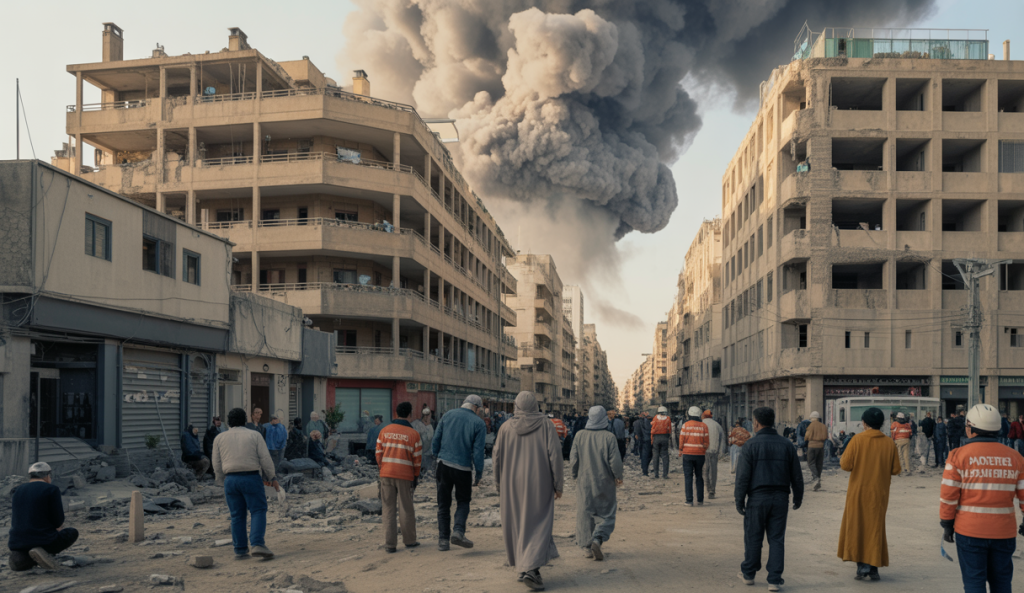 Vue dramatique d'une zone urbaine à Gaza après une frappe aérienne, avec des bâtiments en ruines, des civils en détresse et des secours sur place sous un ciel sombre chargé de fumée