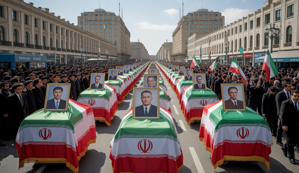 Cortège funéraire à Téhéran avec des cercueils drapés du drapeau iranien et portraits de hauts gradés et scientifiques tués, entourés d’une foule dense en deuil sous un ciel clair