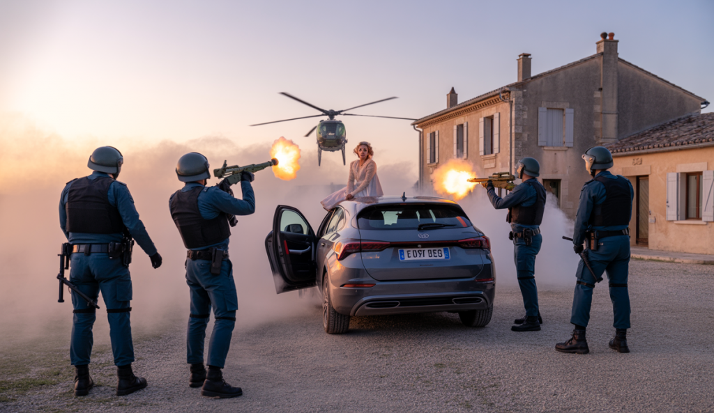 Scène dramatique après une fusillade lors d'un mariage à Goult dans le Vaucluse avec voitures, policiers et gendarmes déployés au petit matin