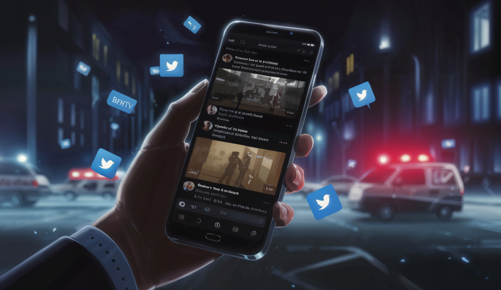 Smartphone reflétant des scènes tragiques de violences urbaines sur les réseaux sociaux.