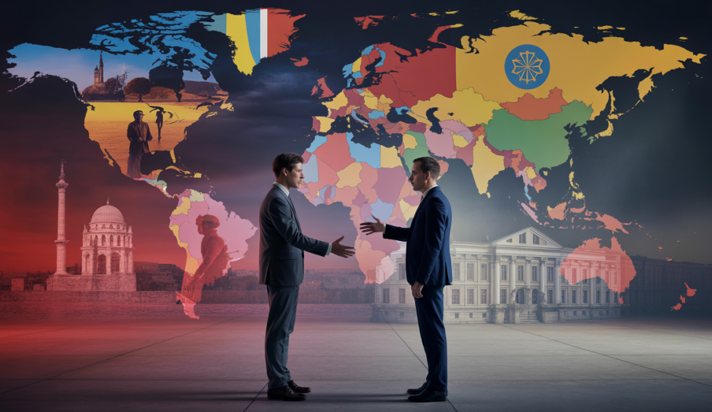 Illustration détaillée des tensions géopolitiques mondiales en 2025 avec symboles de l'Ukraine, du Moyen-Orient et des rivalités internationales.